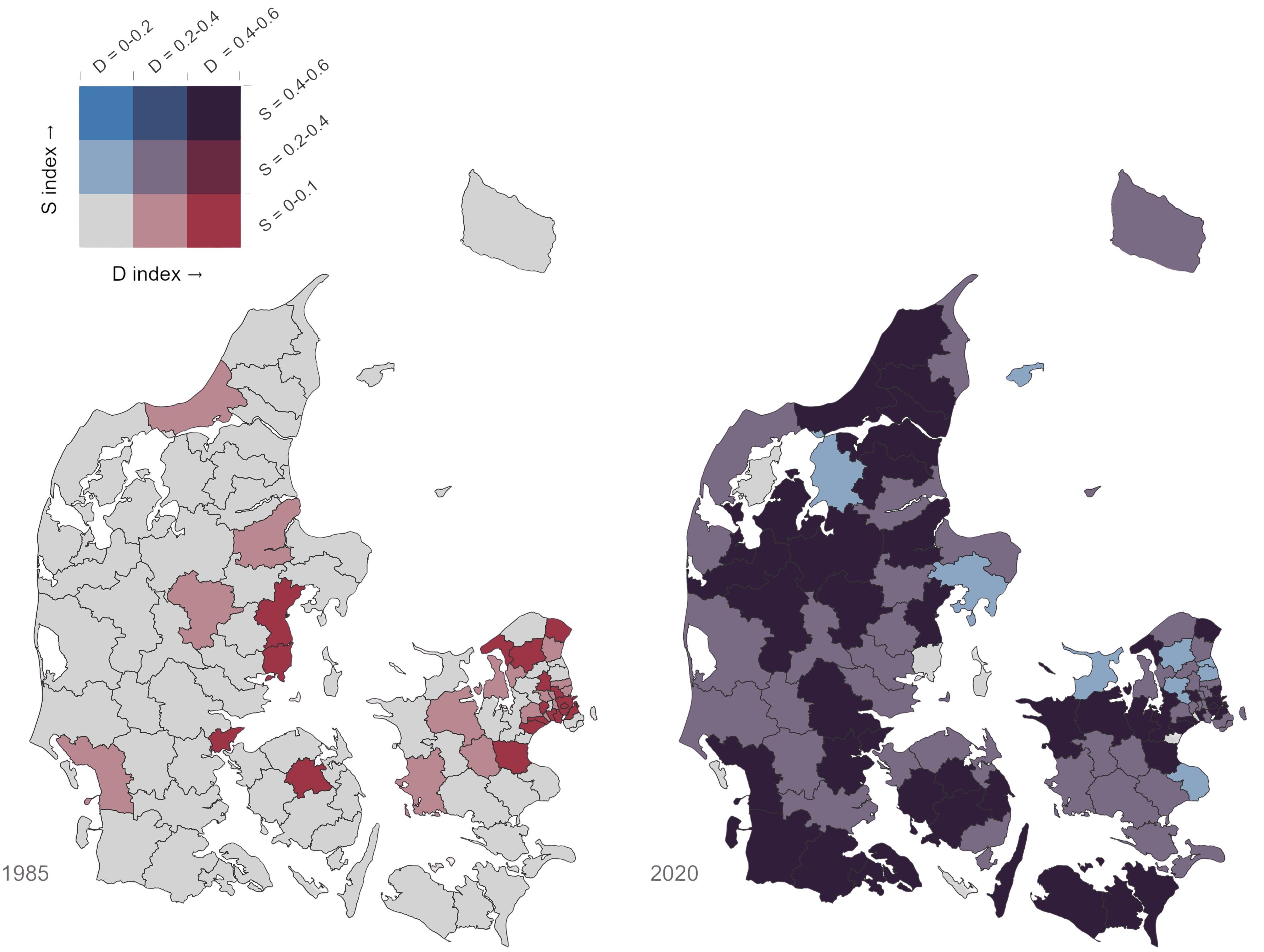 Etnisk skolesegregering i Danmark på kommunalt niveau, 1985 og 2020.