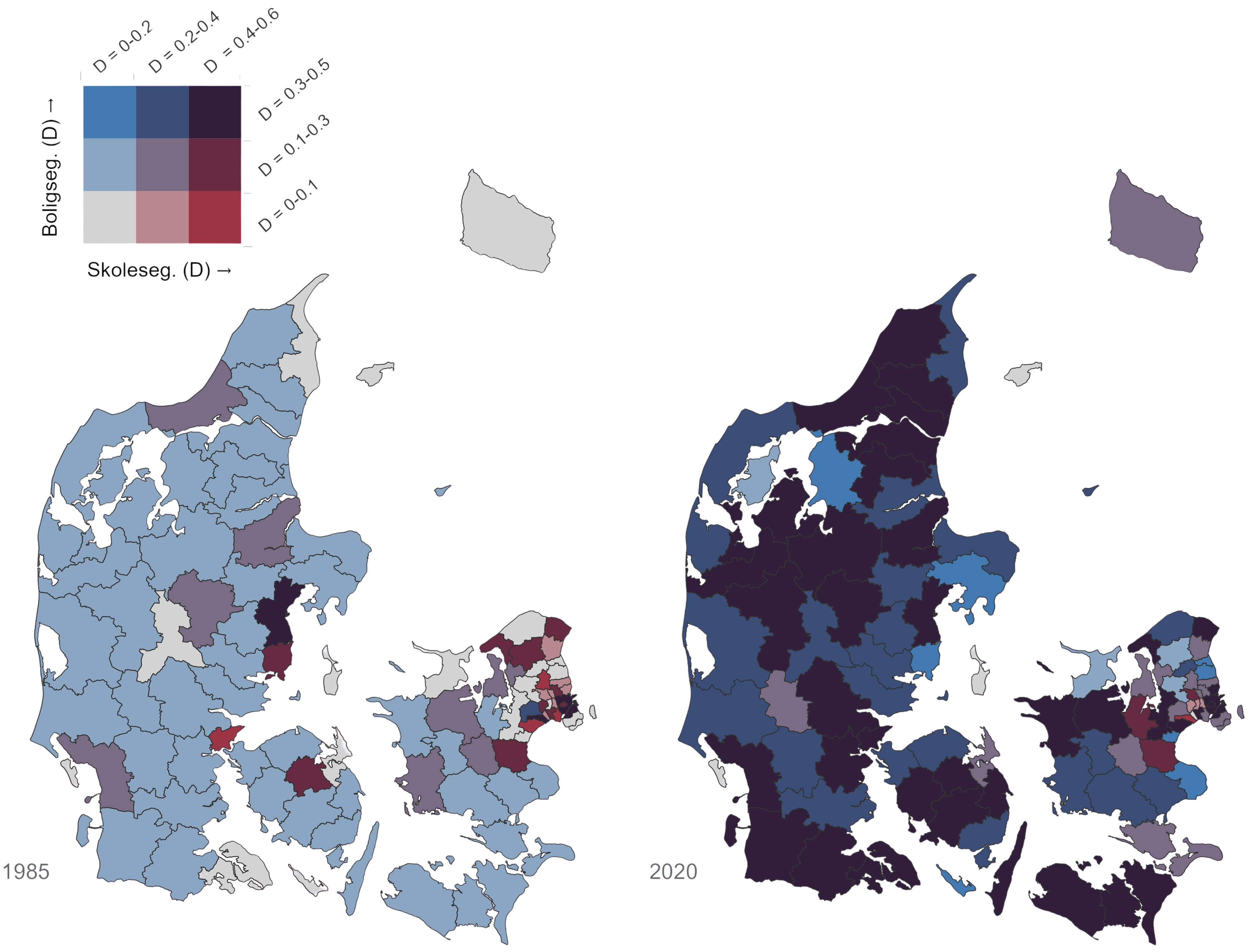 Etnisk skole- og boligsegregering i Danmark (D indeks).