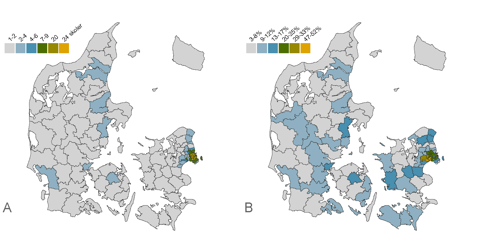 Gennemsnitligt antal skoler inden for 2 km af bopælsadressen (A) og koncentration af børn med ikke-vestlig indvandrerbaggrund i skolealderen i 2020 (B).